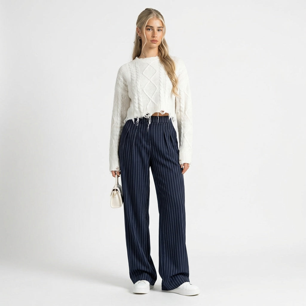 Pantalon large à rayures bleu marine