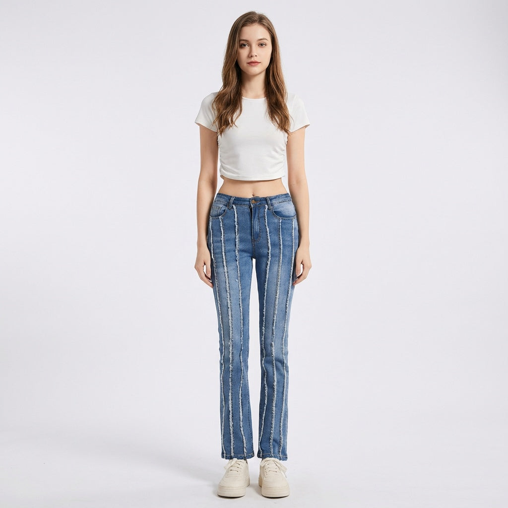 Jean patchwork taille haute effet effiloché