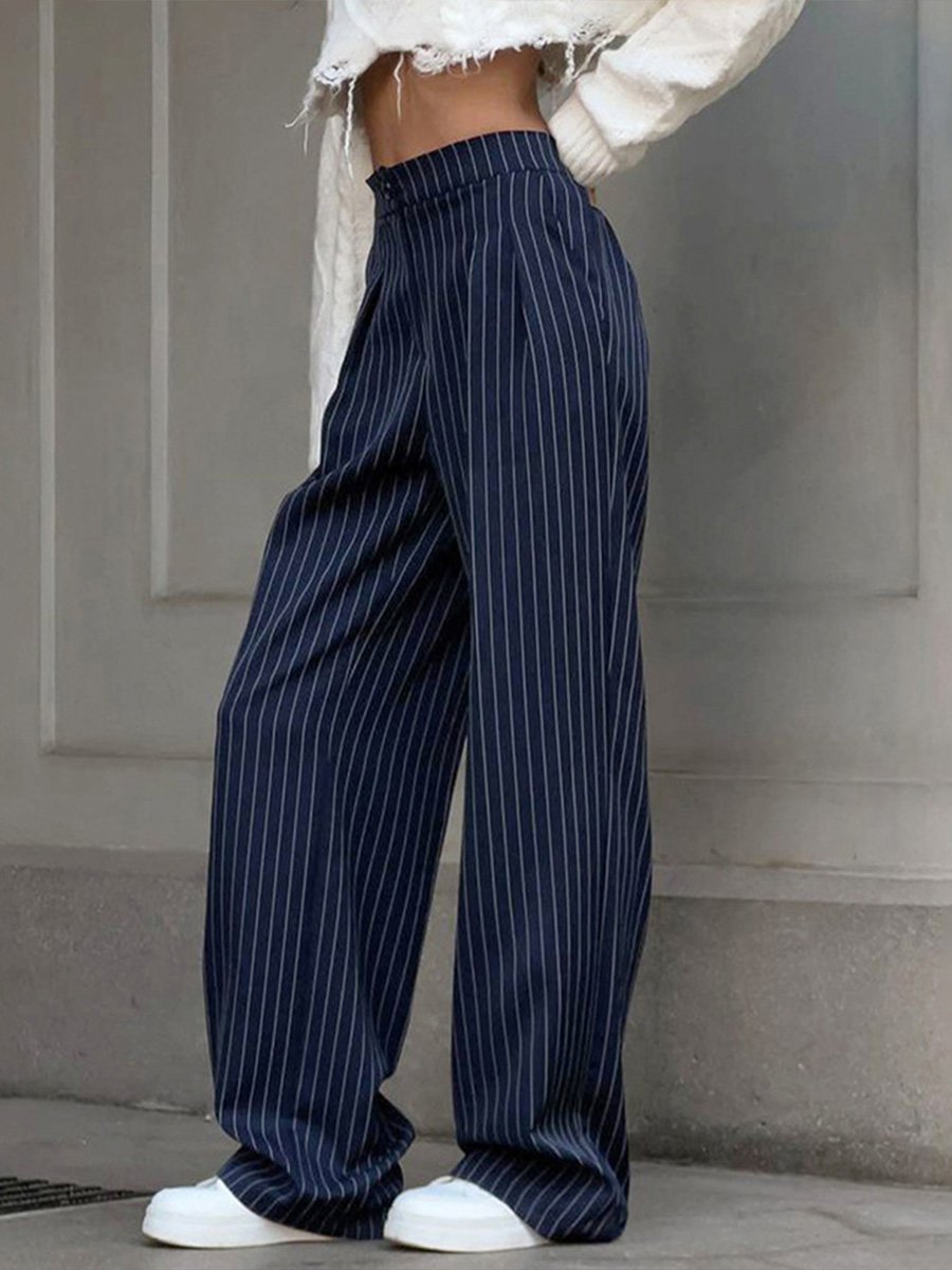 Pantalon large à rayures bleu marine