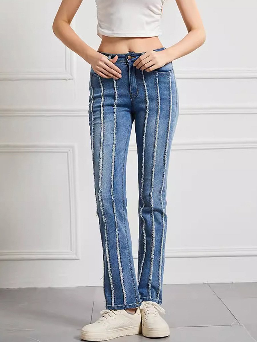 Jean patchwork taille haute effet effiloché