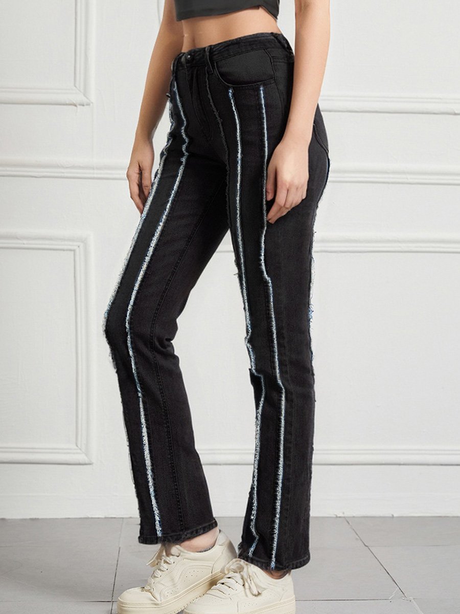 Jean patchwork taille haute effet effiloché