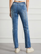 Jean patchwork taille haute effet effiloché