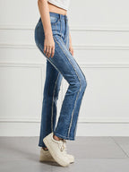 Jean patchwork taille haute effet effiloché