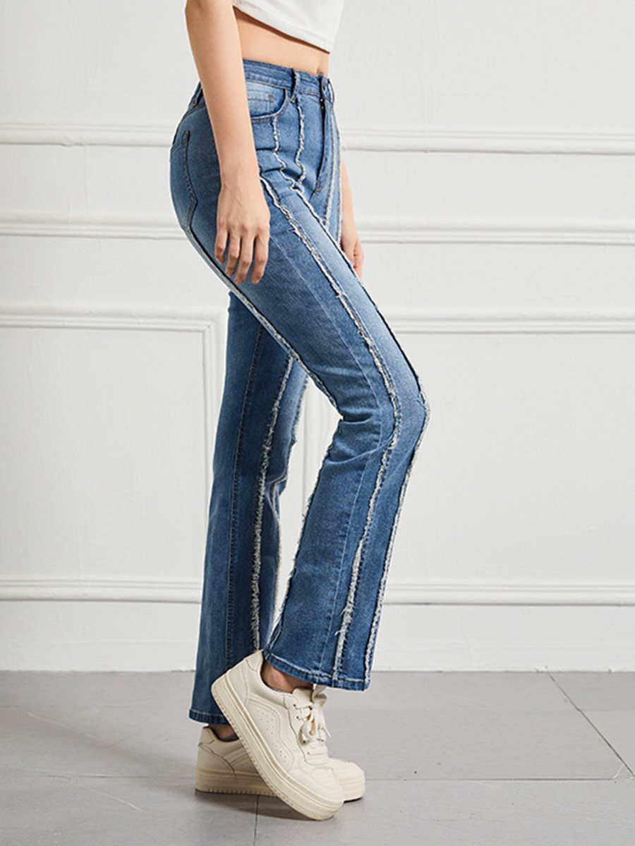 Jean patchwork taille haute effet effiloché
